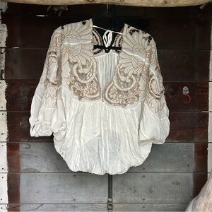 Free People Cream and Tan Embroidered Blouse